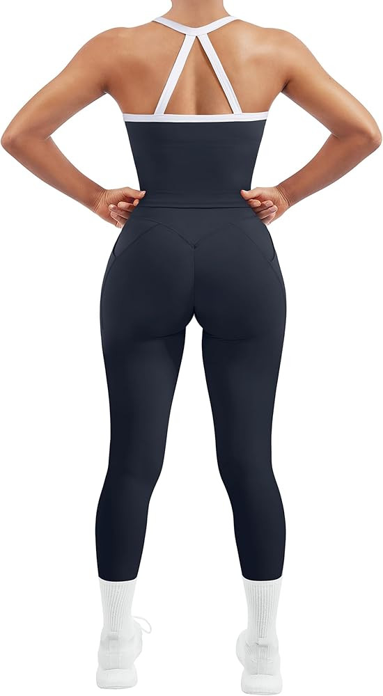 SUUKSESS Women 2 Piece Workout Sets Compression Tummy Control Leggings with Pockets Halter Built ... | Amazon (US)