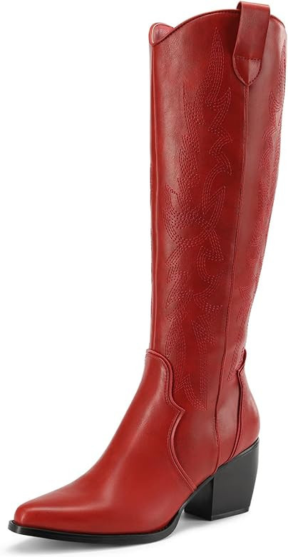 DREAM PAIRS Womens Cowboy Boots, Comfortable Pull On Zipper Chunky Heel Pointed Toe Embroidered W... | Amazon (US)