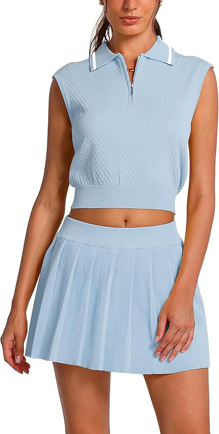 ABOCIW Women Tennis Skirt Set Knit Half Zip Tank Top Tennis Skirt with Shorts 2 Piece Athletic Wo... | Amazon (US)