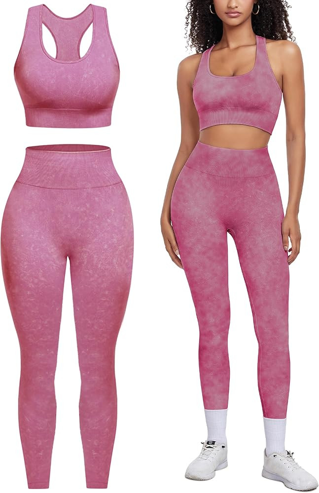 OLCHEE Womens Workout Sets 2 Piece - Acid Wash Seamless Yoga Outfits High Waist Leggings Padded R... | Amazon (US)