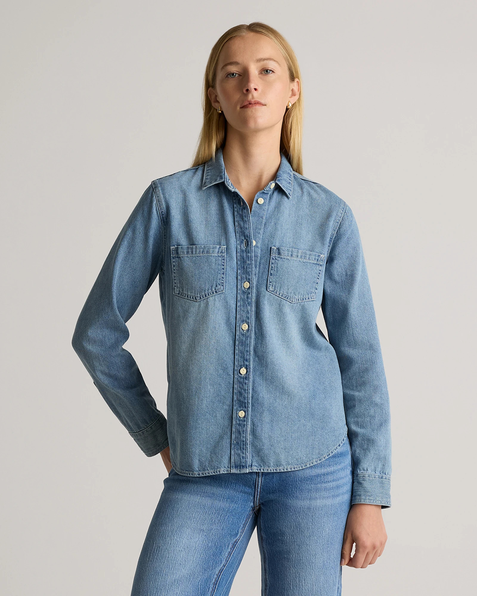 Quince | Women's Distressed Denim Shirt in Light Chambray, Size Medium, Cotton | Quince