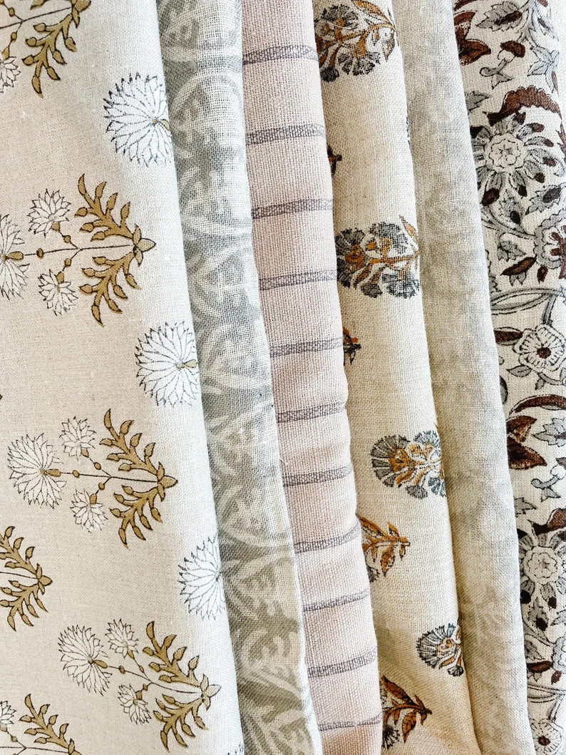 WILLOW || Beige Linen Background and Large White Flower Handblock Pillow Cover - Etsy | Etsy (US)