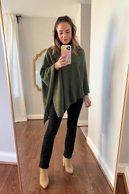 What I’m wearing today 

Poncho: one size 
Turtleneck: xs 
Jeans: petite 00 (they have a flared bottom) 
Boots: size up 1/2 size

#LTKstyletip #LTKSeasonal