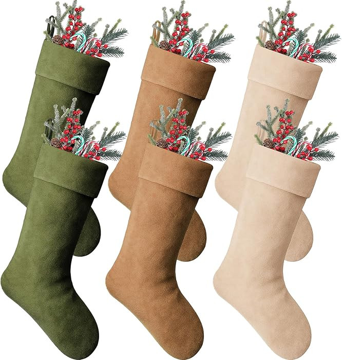 6 Pack Velvet Christmas Stockings Rustic Large Xmas Stockings with Hanging Loops Brown Green Neut... | Amazon (US)