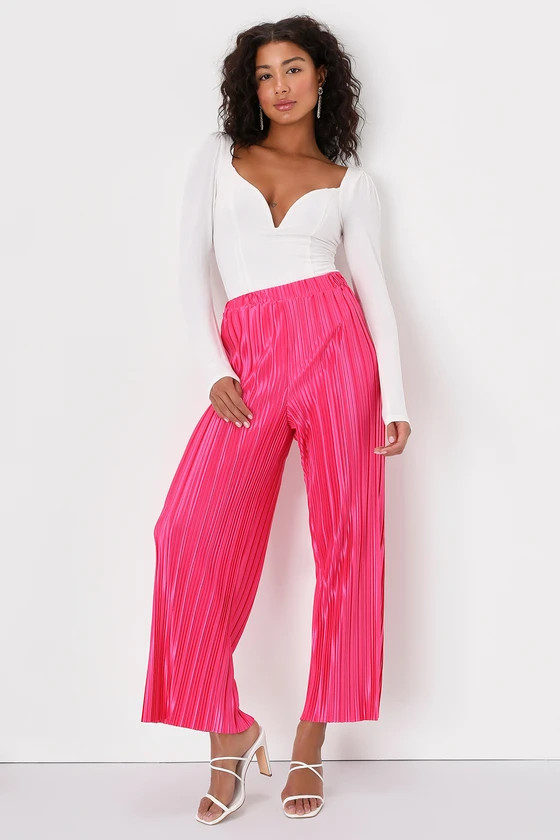 Tropical Temperatures Hot Pink Satin Plisse Wide-Leg Pants | Lulus (US)