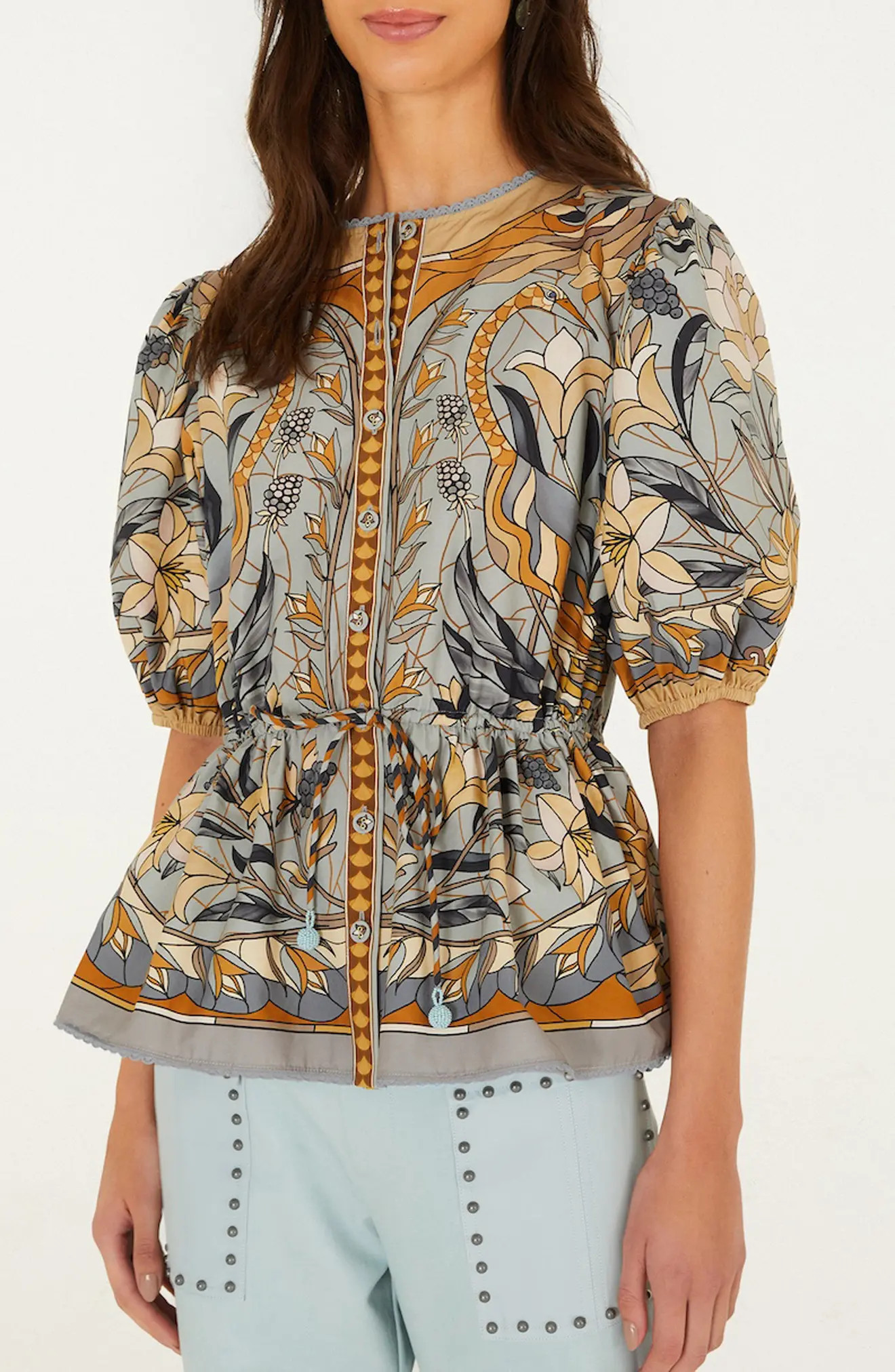FARM Rio Stained Glass Beauty Half Placket Cotton Top in Blue at Nordstrom, Size Large | Nordstrom