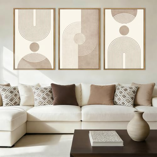 BINCUE Beige Neutral Canvas Wall Art Framed Geometric Abstract Wall Decor Mid Century Modern Artwork Wall Decor for Living Room Bedroom Office 16"x24" Set 3 Gift | Amazon (US)
