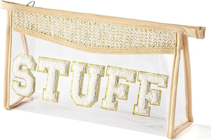 Clear Boho Patch Makeup Bag, Letter STUFF Cosmetic Bag, Transparent Travel Toiletry Bag, Waterpro... | Amazon (US)