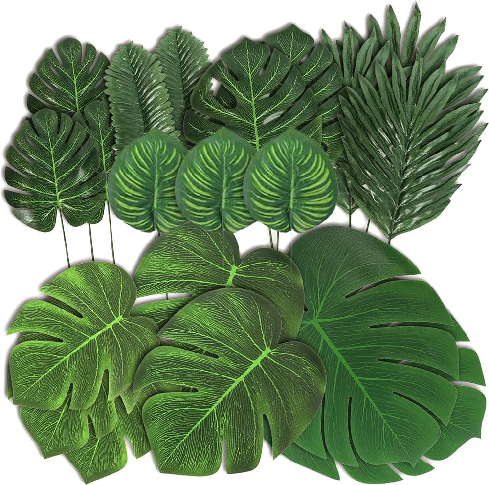 78 Pieces 7 Kinds Artificial Tropical Leaf Jungle Leaves Plant Safari Leaves Decorations for Hawa... | Amazon (US)