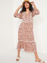 Floral-Print 3/4-Sleeve Tie-Neck Maxi Swing Dress for Women | Old Navy (US)