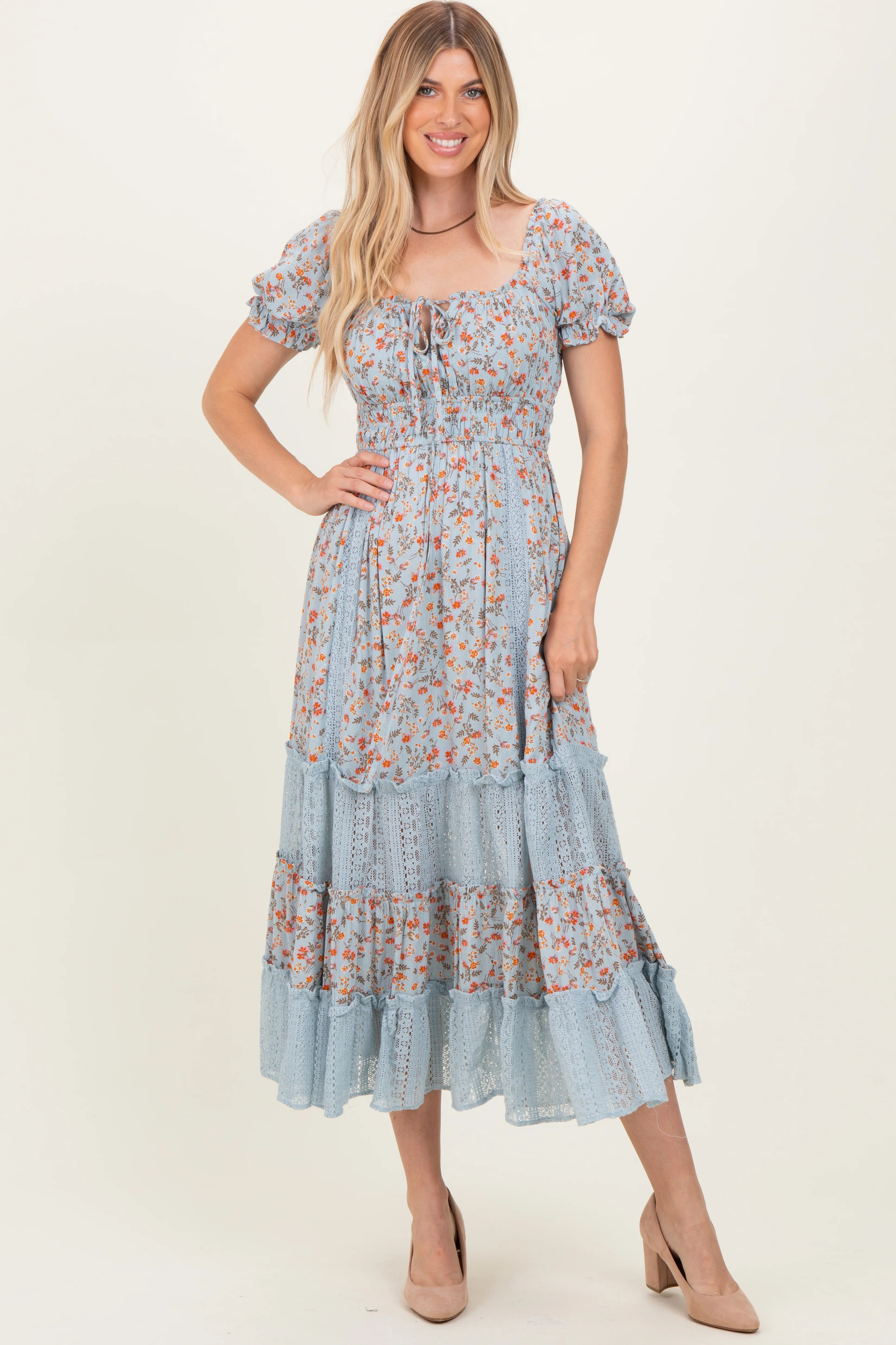 Light Blue Floral Lace Inset Puff Sleeve Maxi Dress | PinkBlush Maternity