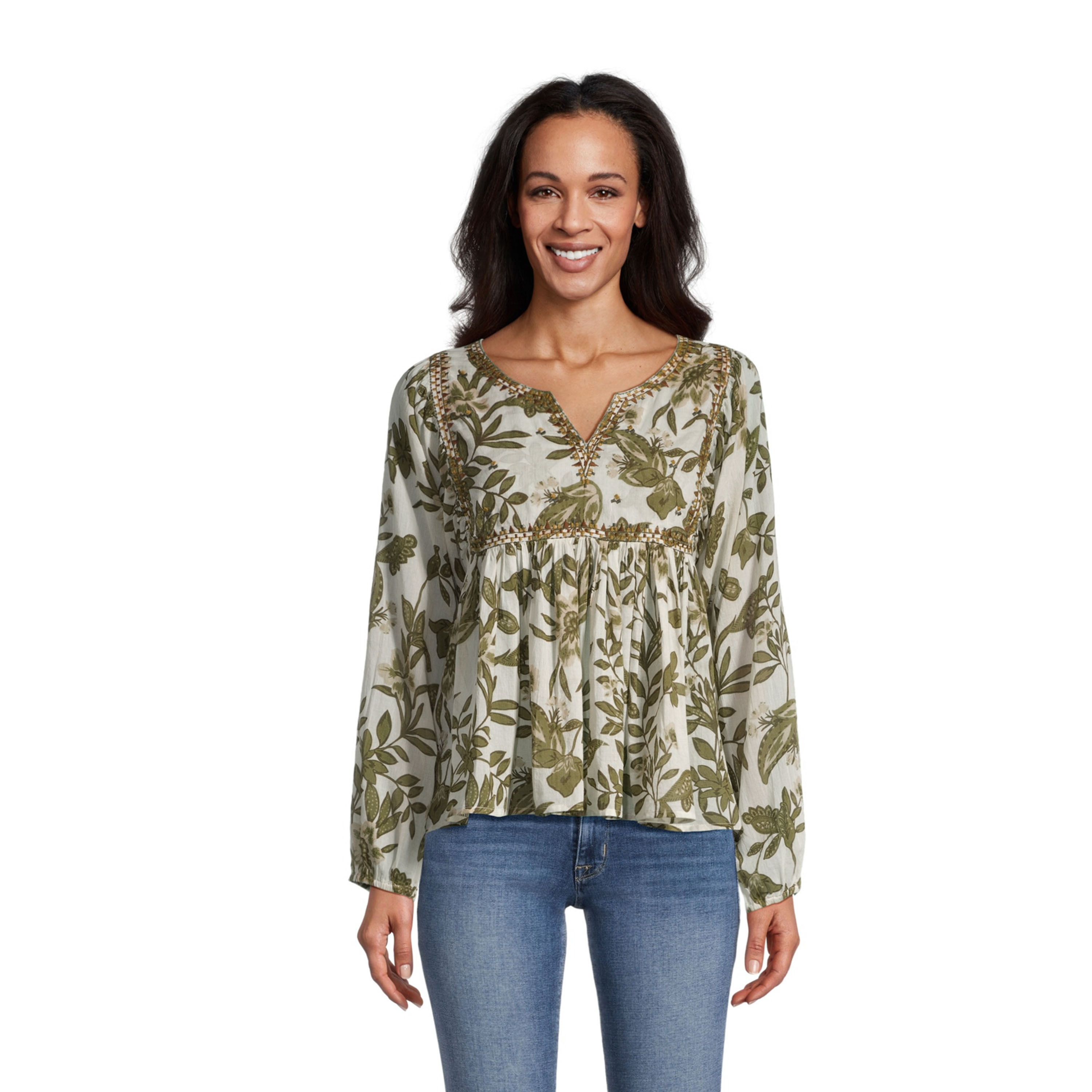 Stella Ivory And Green Embroidered Floral Top | World Market