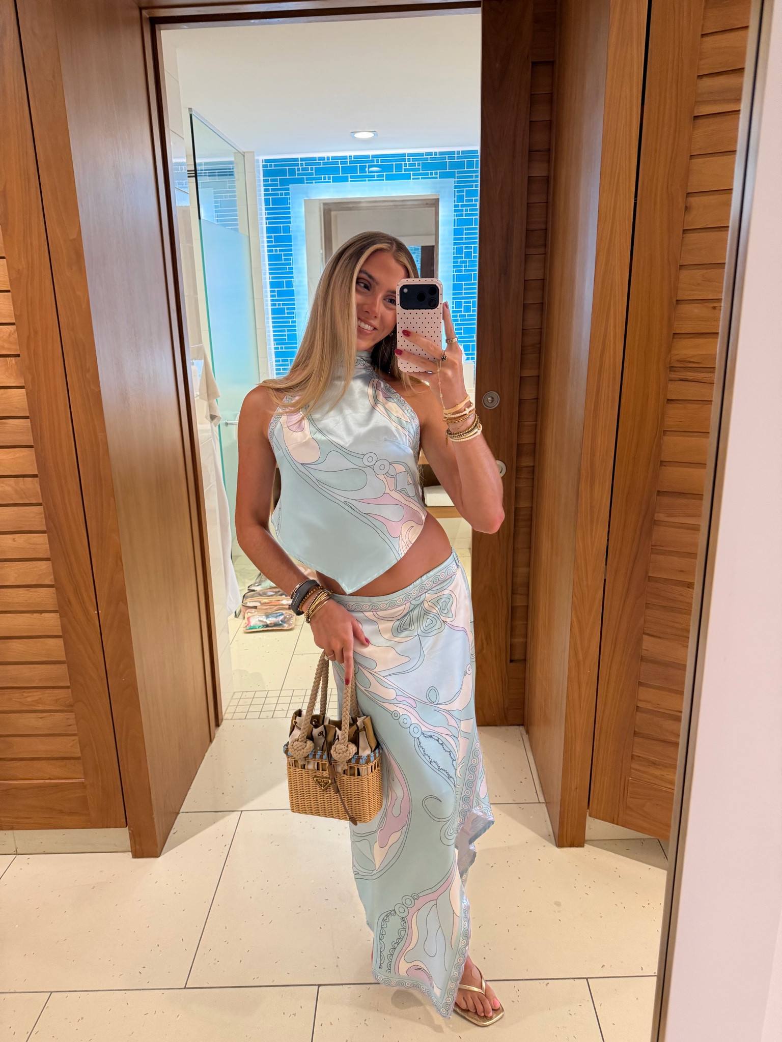 My outfit for the night in the Bahamas my matching skirt set is amazon! Amazon size small Wuitrie Two Piece Skirt Set for Women Summer Fashion Printed Satin Hanging Backless Top Irregular Midi Skirt Trendy Set. It’s a pucci look for less. My kitten heels are from Walmart. My bag is @Vivrelle    my code is SLOANEVOSEN.

#LTKootd #LTKTravel #LTKdayinmylife