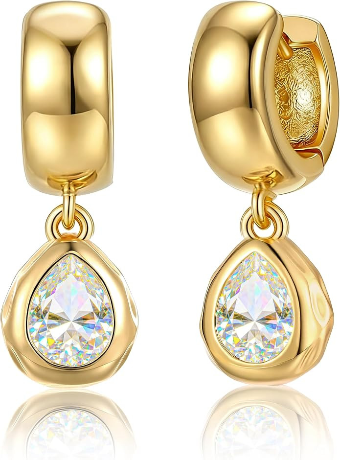 Chunky Gold Earrings for Women Dangle Drop 14K Plated Huggie Hoop CZ | Amazon (US)