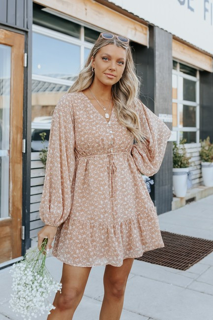 Button Down Drawstring Ditsy Amber Floral Dress | Magnolia Boutique