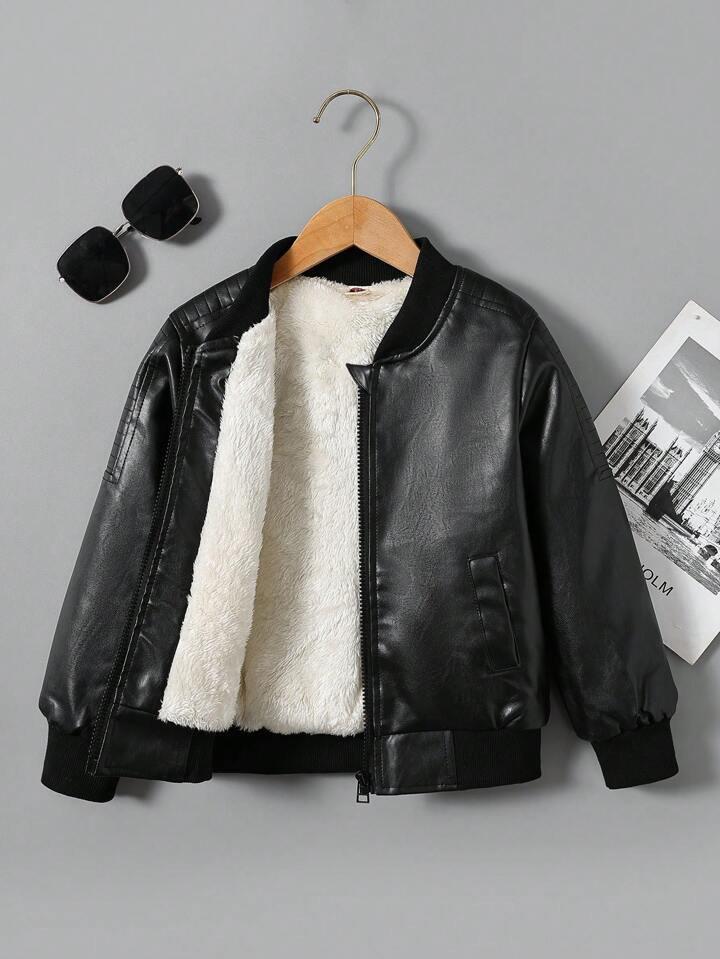 Young Boy Zip Up Teddy Lined PU Bomber Jacket | SHEIN
