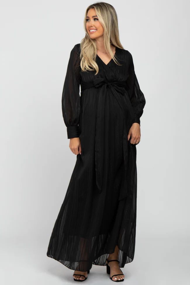 Black Metallic Striped Chiffon Maternity Maxi Dress | PinkBlush Maternity