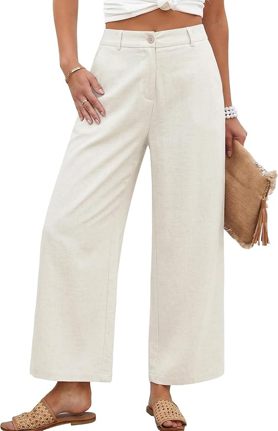 Womens Linen Wide Leg Pants Casual Zipper Front Summer Cropped Trousers Dressy Pants with Pockets | Amazon (US)