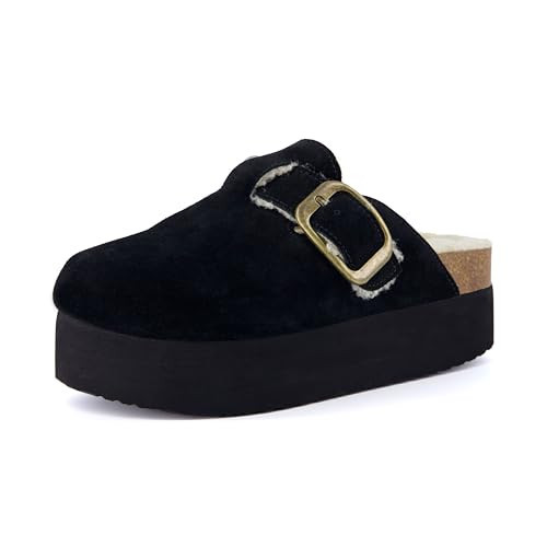 CUSHIONAIRE Women's Granola Fur Genuine Suede Faux Fur Lined Cork Footbed Platform Clog with +Comfort, Wide Widths Available, Black 8.5 | Amazon (US)