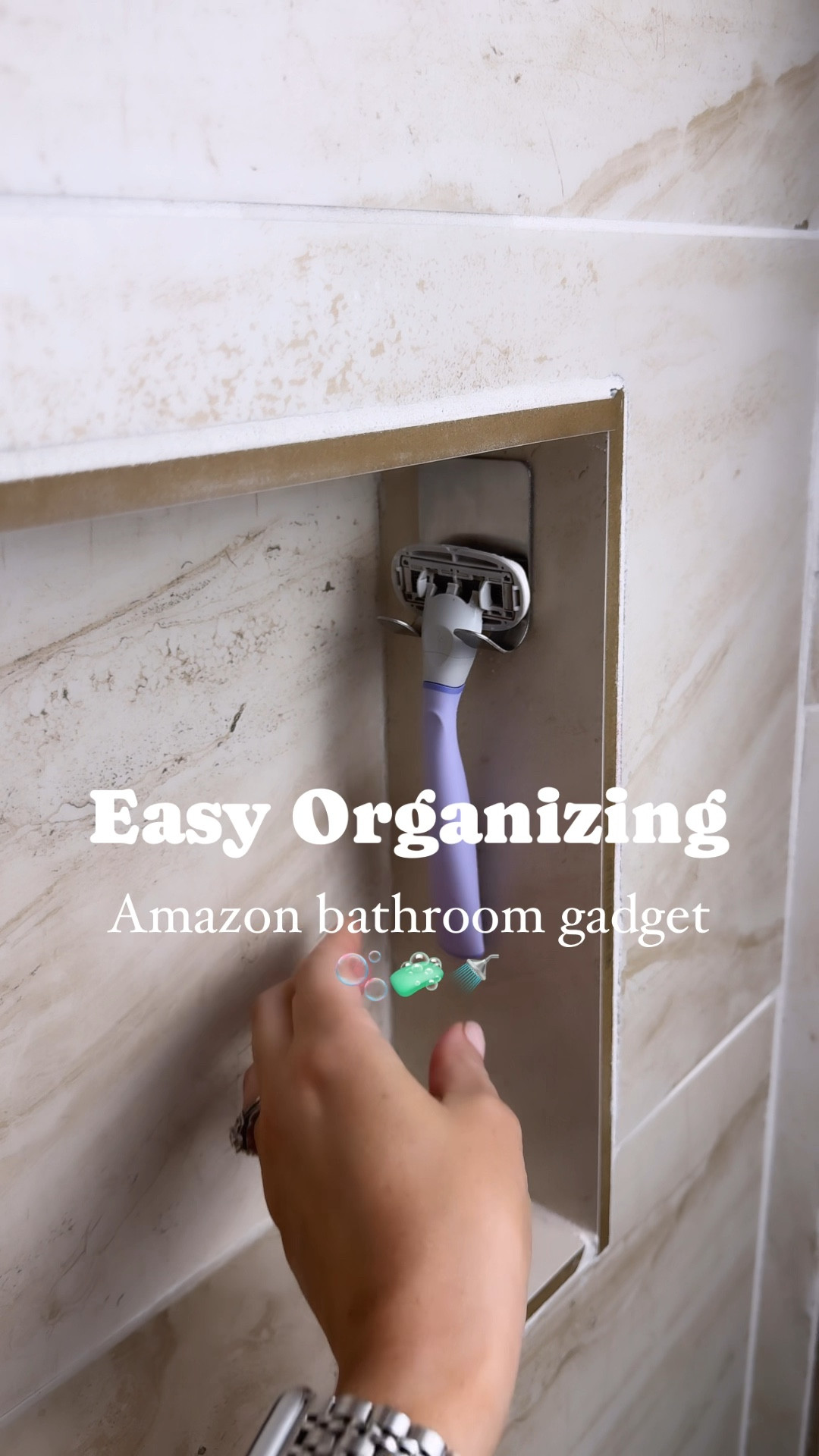 $5 for a 2 pack of these adhesive hooks is a no brainer 🫧 keep your razors/loofas off the shelves, dry, and out of the way.

The suction cup ones they come with never work, but we’ve used these for 4 years without fail 

#organizedbathroom #razorholder #showerremodel 

#LTKHome