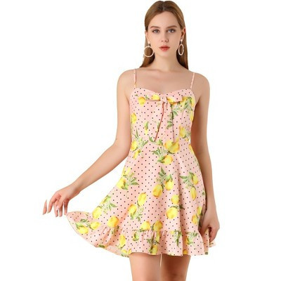 Allegra K Women's Floral Ruffle Bow Knot Lemon Spaghetti Strap Mini Sundress X-Small Pink | Target