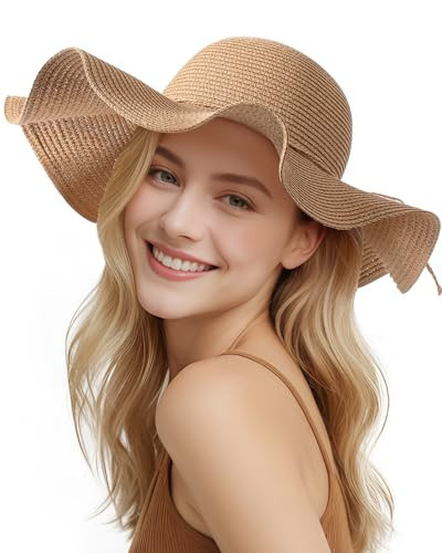 Beach Hats for Women - Wide Brim Sun Straw Hats for Women, Foldable Womens Sun Hat with Chin Strap, UPF 50+ Womens Floppy Sun Hat Khaki | Amazon (US)
