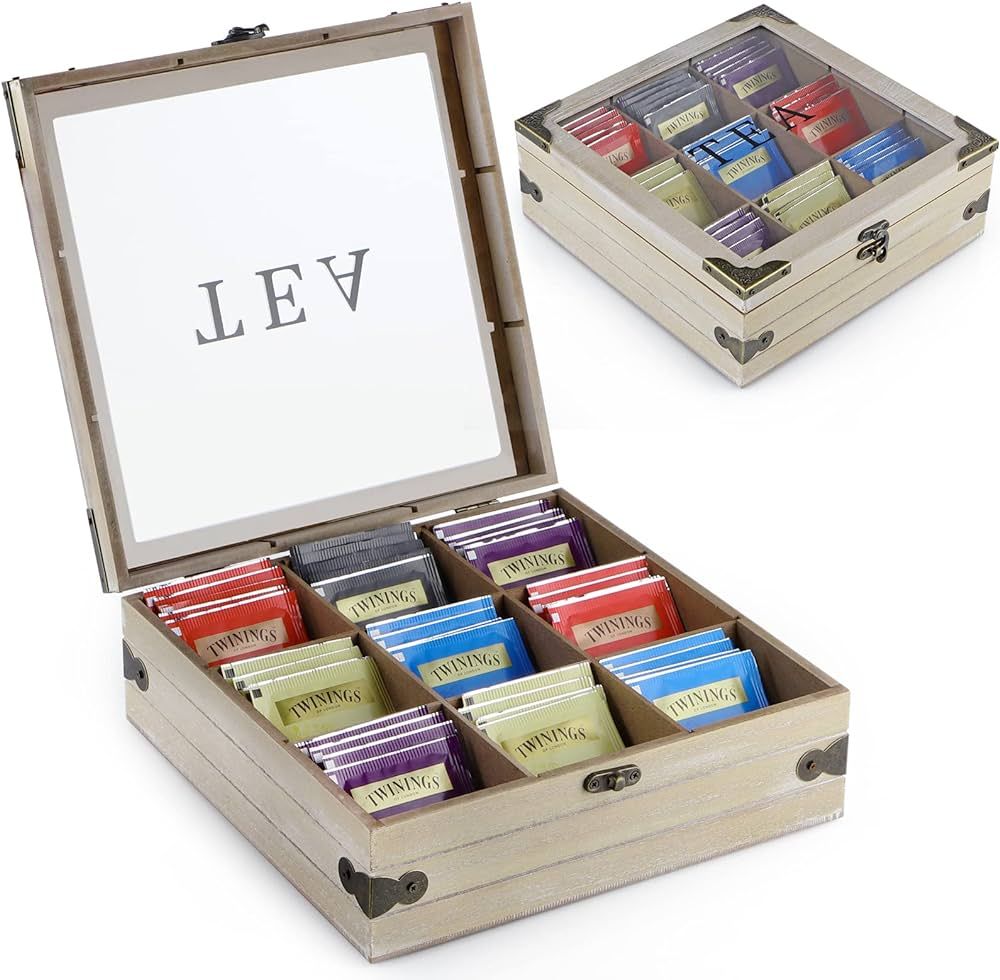 Wood Tea Box Organizer, Tea Storage Chest with Glass Lid, 9 Compartments, Tea Bag Holder for Cabi... | Amazon (US)