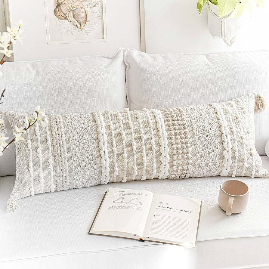 BlissBlush White Cream Boho Lumbar Throw Pillow Case 14x36 inch, Neutral Body Pillow Cover, Bohem... | Amazon (US)