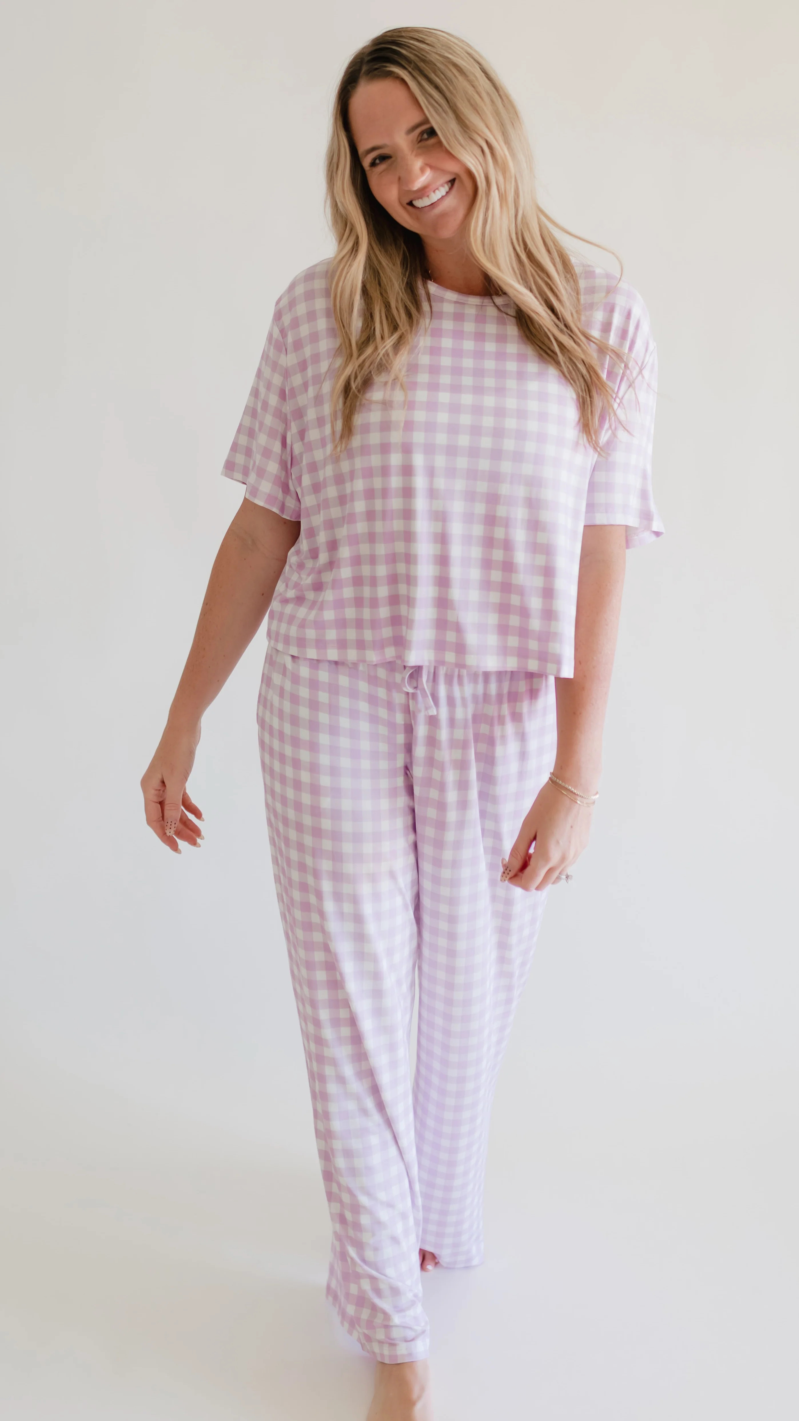 Women's T-Shirt and Pants Set in Purple Gingham | Silks Design