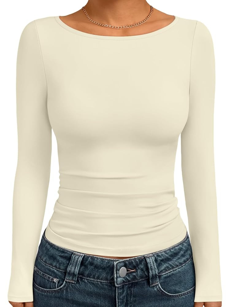 Trendy Queen Women's Boat Neck Tops Long Sleeve Shirts Casual Fitted Tee Shirts Solid Color Fall ... | Amazon (US)