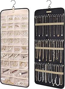 BAGSMART Hanging Jewelry Organizer Storage Roll with Hanger Metal Hooks Double-Sided Jewelry Hold... | Amazon (US)