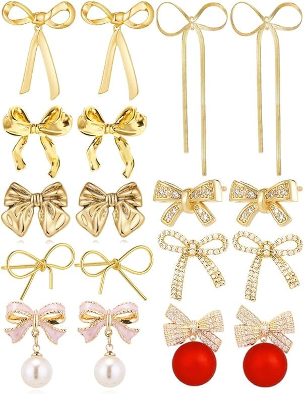 9 Pairs Gold Bow Earrings for Women Girls Ribbon Bownot Stud Earrings Bow Jewelry Christmas Gifts | Amazon (US)