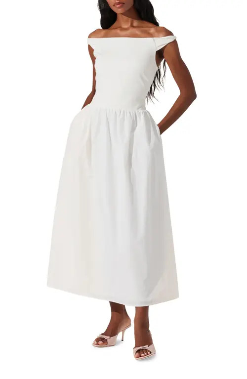 ASTR the Label Off the Shoulder Poplin Midi Dress in White at Nordstrom, Size X-Small | Nordstrom
