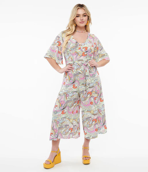 Hell Bunny 1960s Pastel Rainbow Hazy Daze Floral Jumpsuit | UniqueVintage