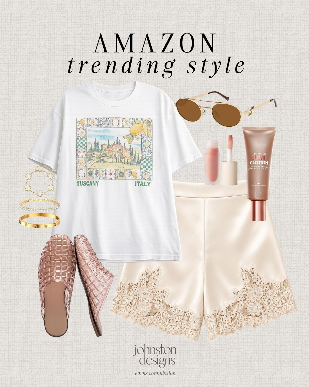 Amazon trending style with a graphic tee, lace shorts and pretty gold accessories for an easy summer look. Love this for casual plans, vacation days or a cute everyday outfit. ✨

Amazon trending style, graphic tee, lace shorts, jelly sandals, gold jewelry, oval sunglasses, lip gloss, glow lotion, casual outfit, summer look, vacation style, everyday outfit, feminine style, affordable finds, warm weather, chic accessories 

 #LTKootd
