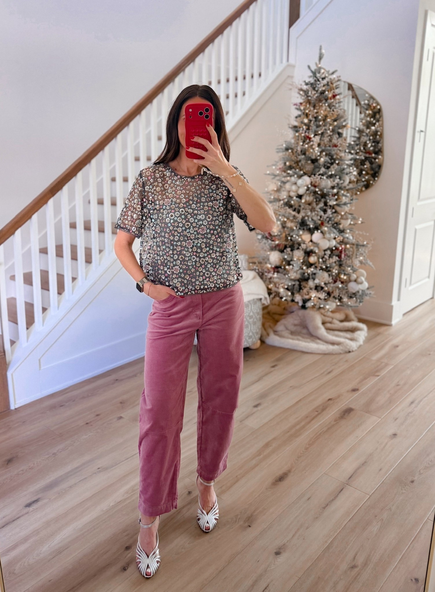 Sequin top, Pink barrel pants, Silver heels, Holiday outfit Annabrstyle 

#LTKOver40 #LTKSeasonal #LTKHoliday