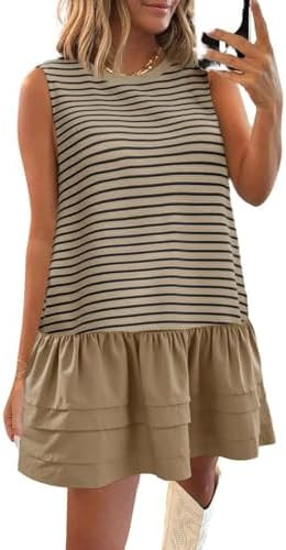 Wenrine Womens Sweatshirt Dress Casual Sleeveless Loose Tank Mini Dresses | Striped, Crewneck, Co... | Amazon (US)