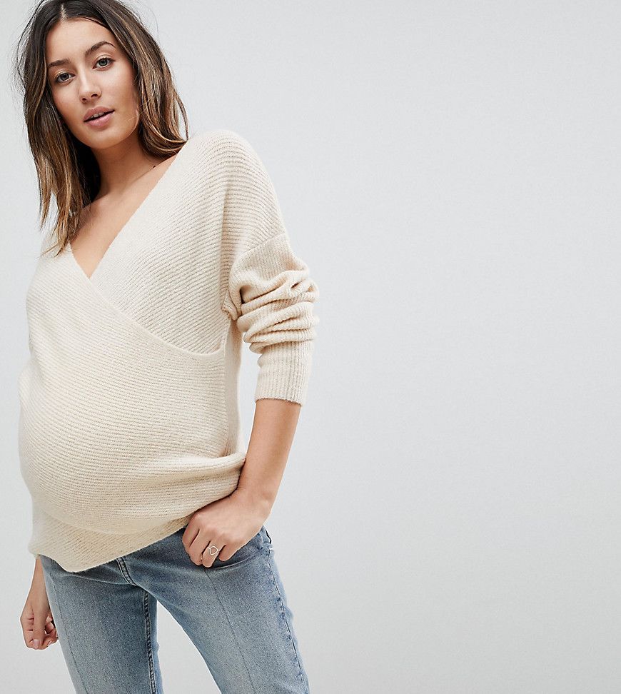 ASOS DESIGN Maternity nursing sweater in wrap fluffy yarn - Beige | ASOS US