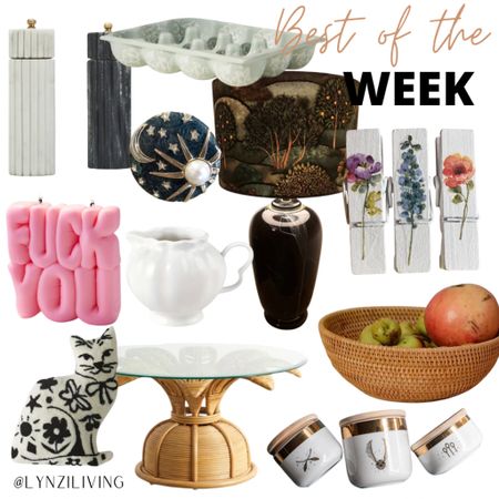 Best of the Week - all of the most clicked items of last week 

Home decor, home decorations, weekly favorites, Anthropologie finds, Anthropologie home, marble salt and pepper shakers, fuck you cqndle, pink candle, urban outfitters home, urban outfitters finds, black and white cat pillow, cute cat pillow, cat throw pillow, rattan coffee table, tropical coffee table, Wayfair finds, Harry Potter canisters, quidditch canisters, rattan basket, rattan fruit basket, Temu home, Temu finds, Temu baskets, cheap basket, floral clothespins, clothespin magnets, dark lampshade, moody lampshade, witchy lampshade, Etsy finds, Etsy home, Etsy favorites, white creamer, small pitcher, celestial knob, mint egg holder, Cottagecore egg create

#LTKFindsUnder100 #LTKHome #LTKFindsUnder50