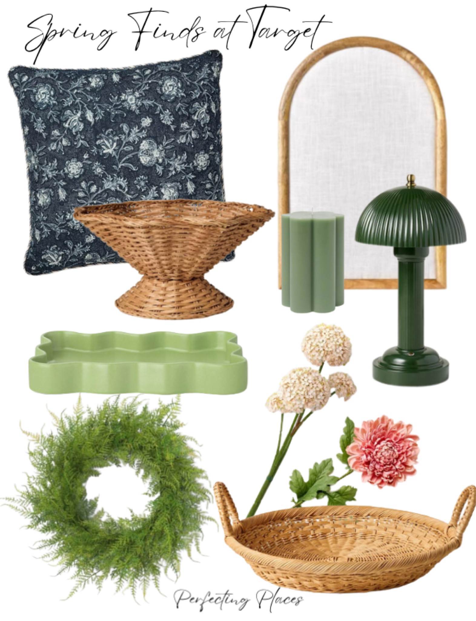 Some pretty spring finds at Target!! Threshold by Studio McGee blue floral pillow, rattan pedestal bowl, round rattan tray, spring wreath, Hearth and Hand fabric board, green accent lamp, spring floral stems

#LTKHome #LTKSeasonal