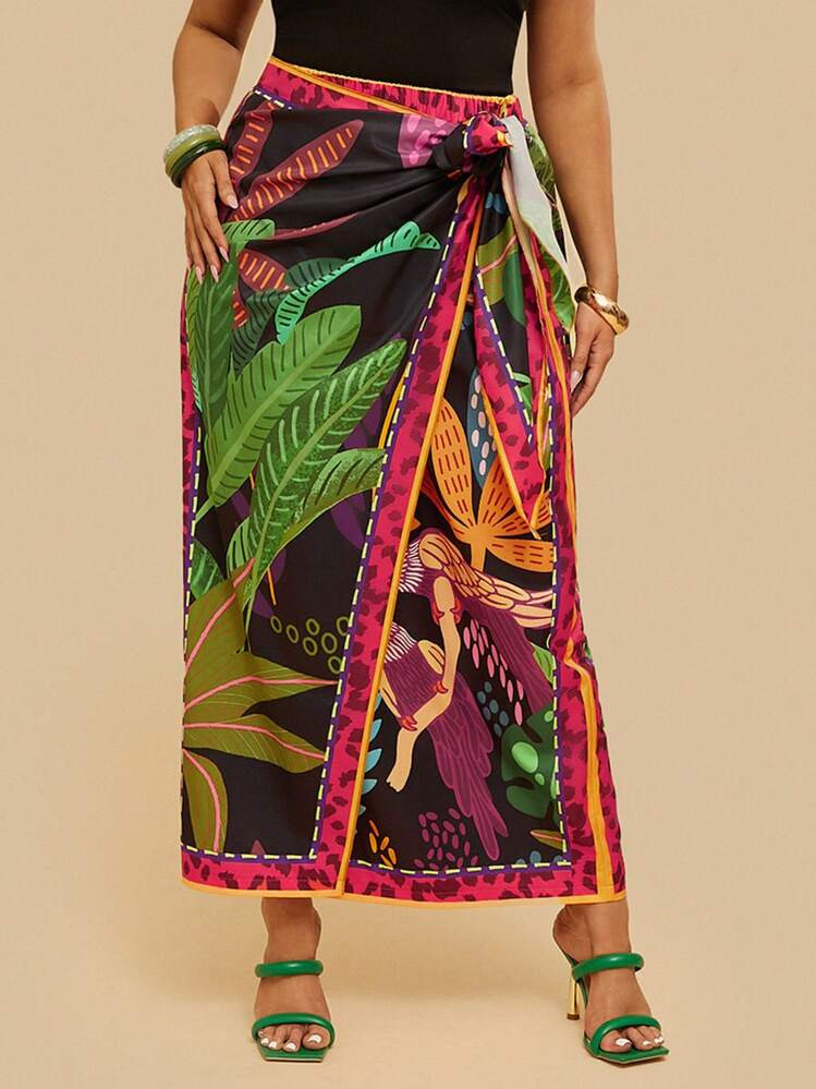 Travachic Tropical Holiday Plus Size Casual Black Parrot, Coconut Palm, Cherry Blossom Tie Bow Wrap Around Skirt | SHEIN