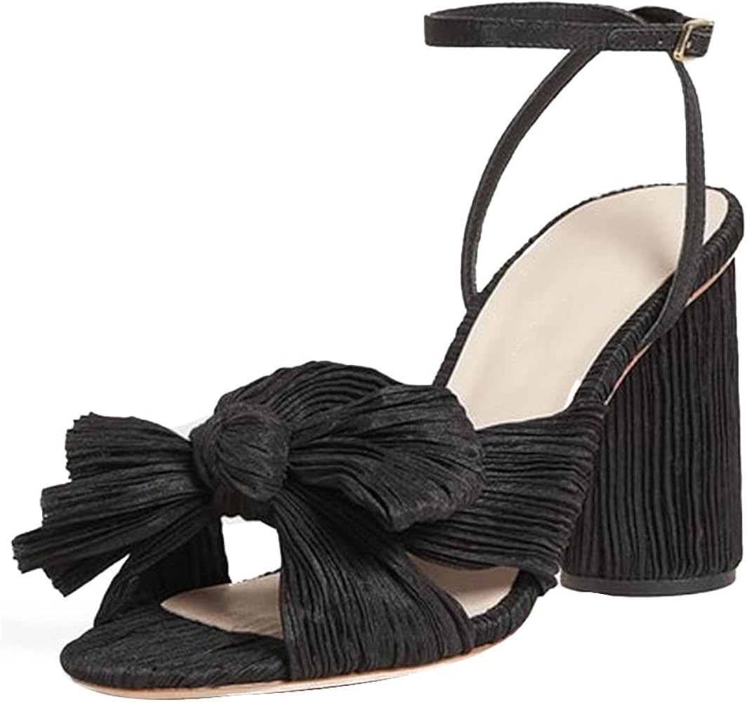 Womens Heeled Sandals Pleated Sweet Bow Knot Ankle Strap Open Toe High Block Chunky Heels Sandals Dr | Amazon (US)