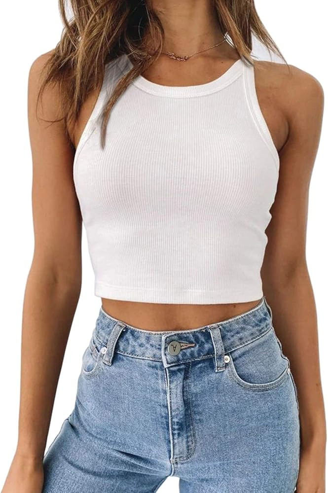 Berryou Women's Racer Back Tank Tops Sexy Sleeveless Halter Neck Crop Tops | Amazon (US)