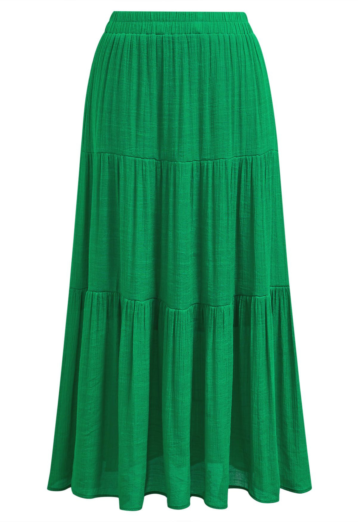 Crinkle Gathered Tiered Midi Skirt in Green | Chicwish