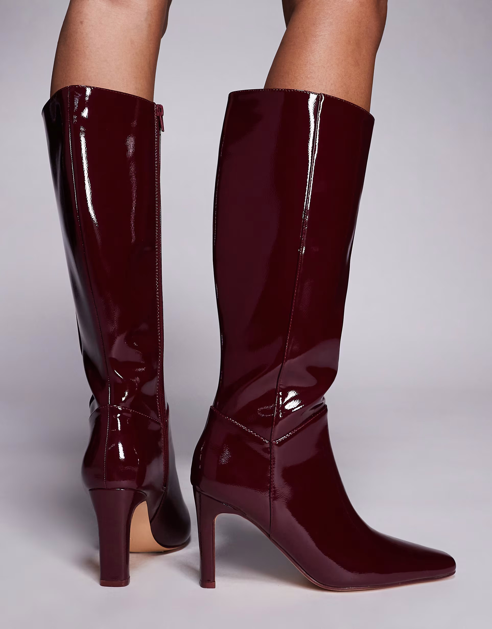 Public Desire Wide Fit Pose square toe heeled knee boots in burgundy | ASOS | ASOS (Global)
