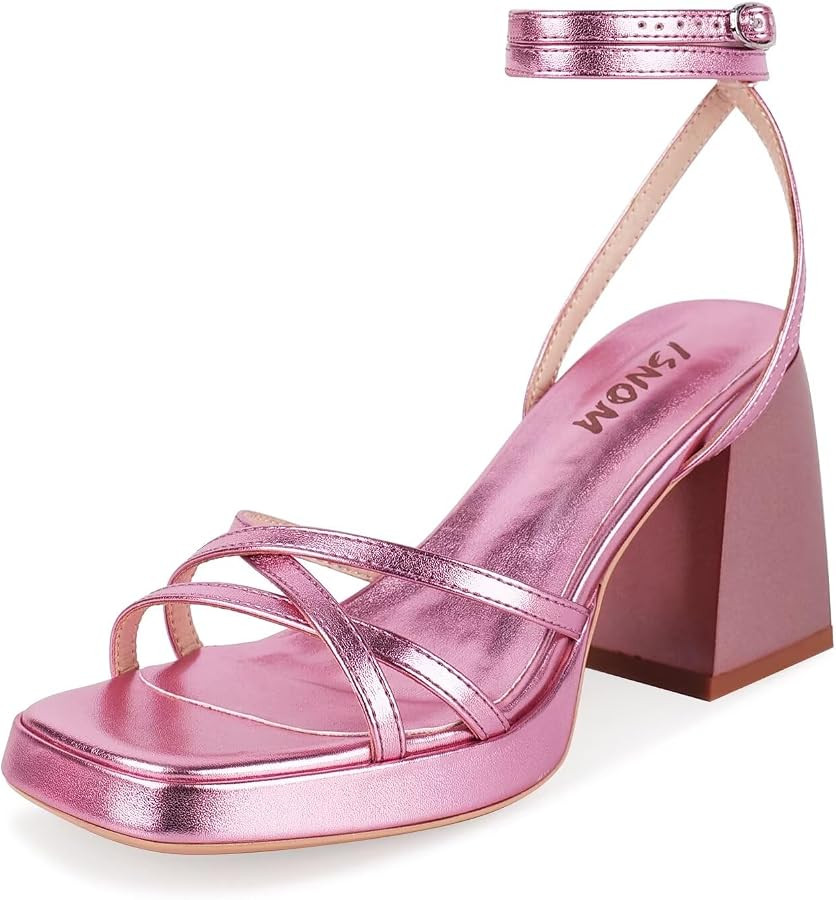 ISNOM Platform Heels for Women Comfortable Strappy Heels Short Block Chunky Sandals Ankle Strap S... | Amazon (US)