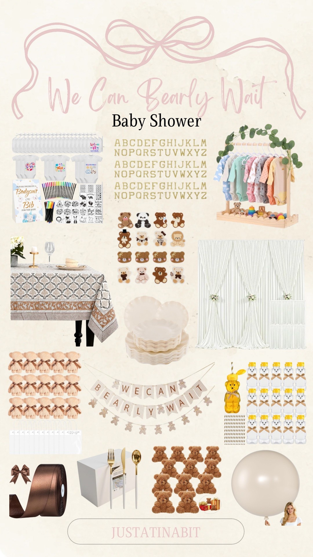 We Can Bearly Wait Baby Shower!  

Baby shower decorations, Curtains, plates, silverware, tablecloth, bear drinking bottles, We Can Bearly Wait Banner, Cute Iron on Patches, Baby Shower Favors Bear Bath Towels, onesies, Wooden Baby Clothing Rack, Iron on Letter Patches, Giant Round Latex Balloons, brown satin ribbon, Mini Plush Bears