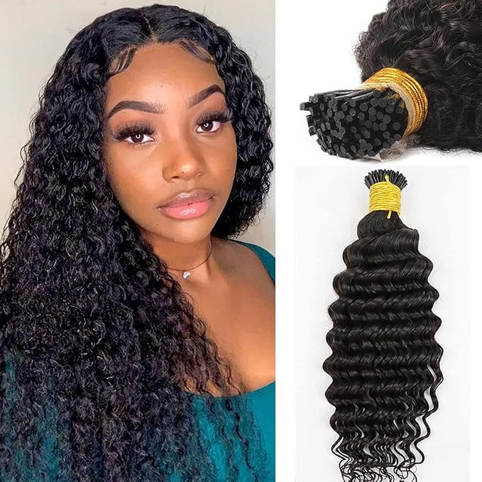 I Tip Hair Extensions Deep Wave Human Hair Extensions 20Inch Long Curly Kenratin Hair Natural Bla... | Amazon (US)