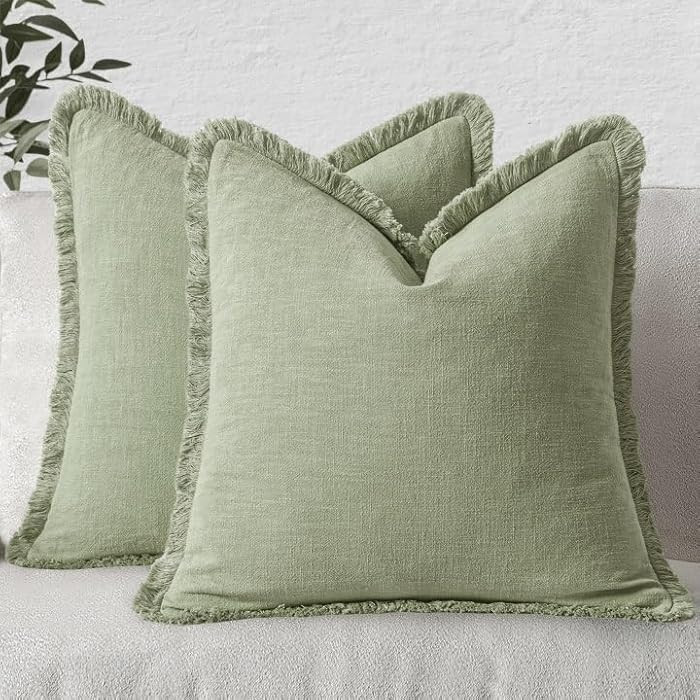 MIULEE Decorative Throw Pillow Covers Neutral Linen Fringe Throw Pillows Set of 2 Sage Green Boho... | Amazon (US)