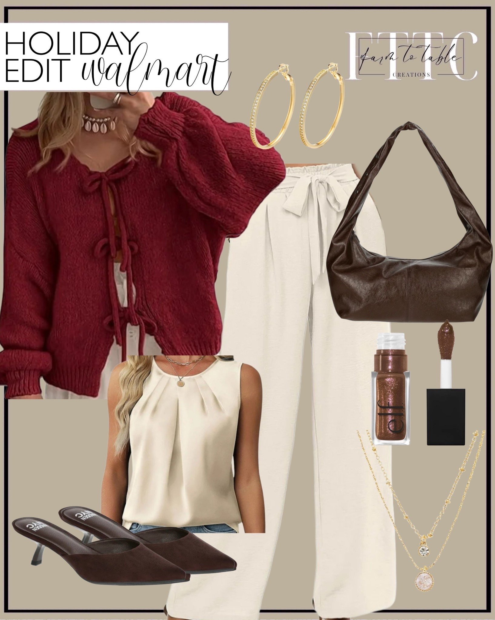 Holiday Edit Walmart Outfit for Women

Follow @farmtotablecreations on Instagram for daily outfit inspiration, home finds, and easy seasonal style 🤍

This Walmart holiday outfit is such a good mix of cozy and elevated. I love pairing a rich burgundy tie-front cardigan with soft cream trousers for an effortless holiday look that works for dinners, parties, or even casual Christmas gatherings. The sleeveless neutral top keeps it light and flattering, while the brown slingback heels and slouchy shoulder bag add warmth and texture. Finished with simple gold hoops, layered necklaces, and a glossy neutral lip for an easy polished touch — all budget-friendly and easy to recreate.

Everything here is comfortable, versatile, and perfect to wear all season long, not just for the holidays.

#walmartfashion #walmartfinds #holidayoutfit #holidaystyle #winteroutfit #budgetfashion #affordablefashion #womensfashion #neutralstyle #burgundyoutfit #ootd #ootn

#LTKBeauty #LTKHoliday #LTKootd